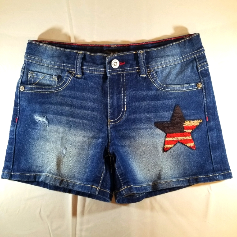 Jordache Girls Blue Denim Jean Shorts Sz 12 Patriotic Bling Sequenced Distressed